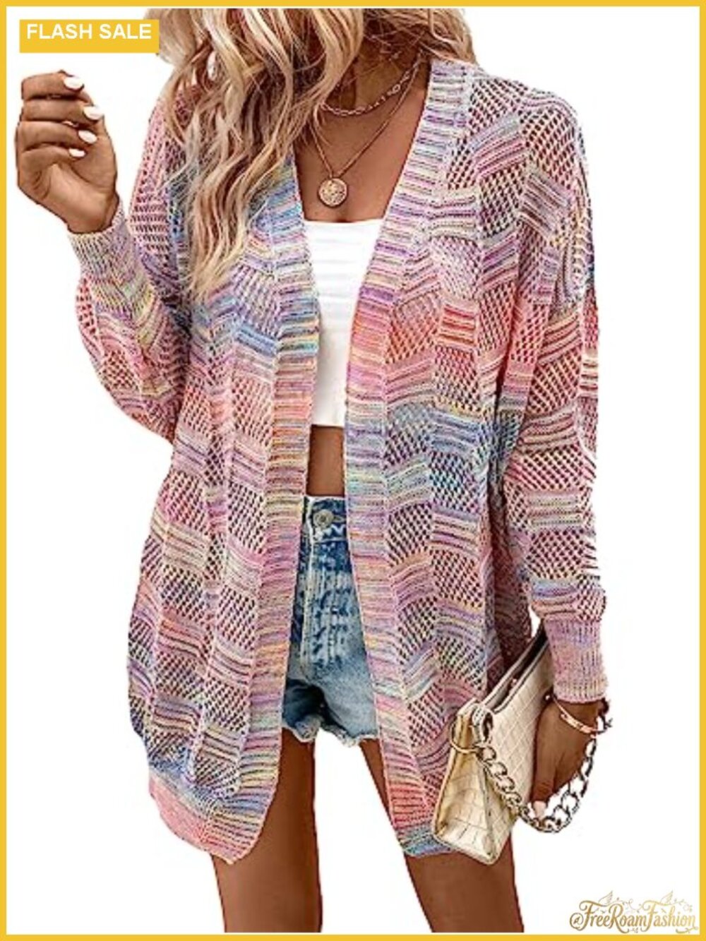 Women's Crochet Tie Dye Open Front Loose Cardigan